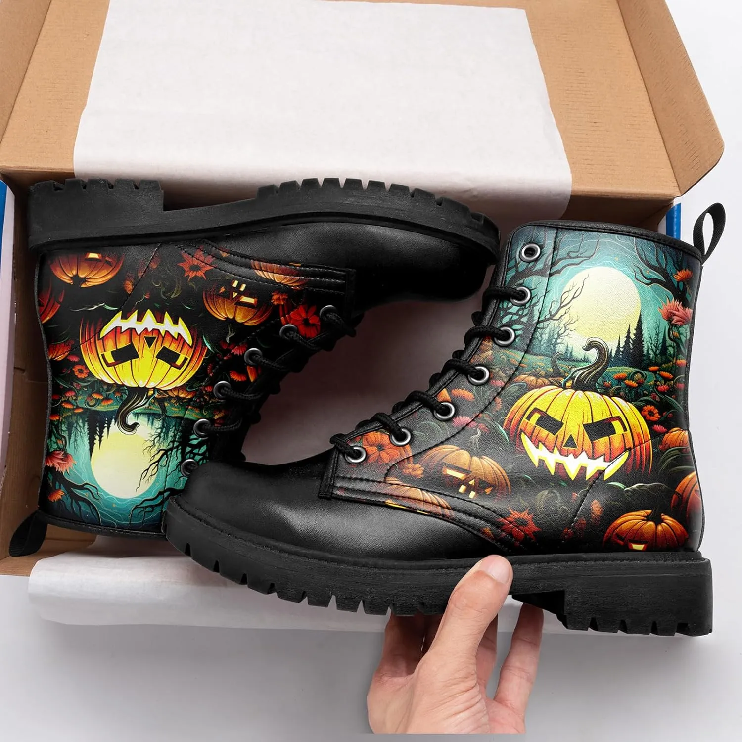 Skull Boots For Men Fashion Lace-Up Combat Boots For Women Punk Rock leather Ankle Booties Witchy Goth Shoes