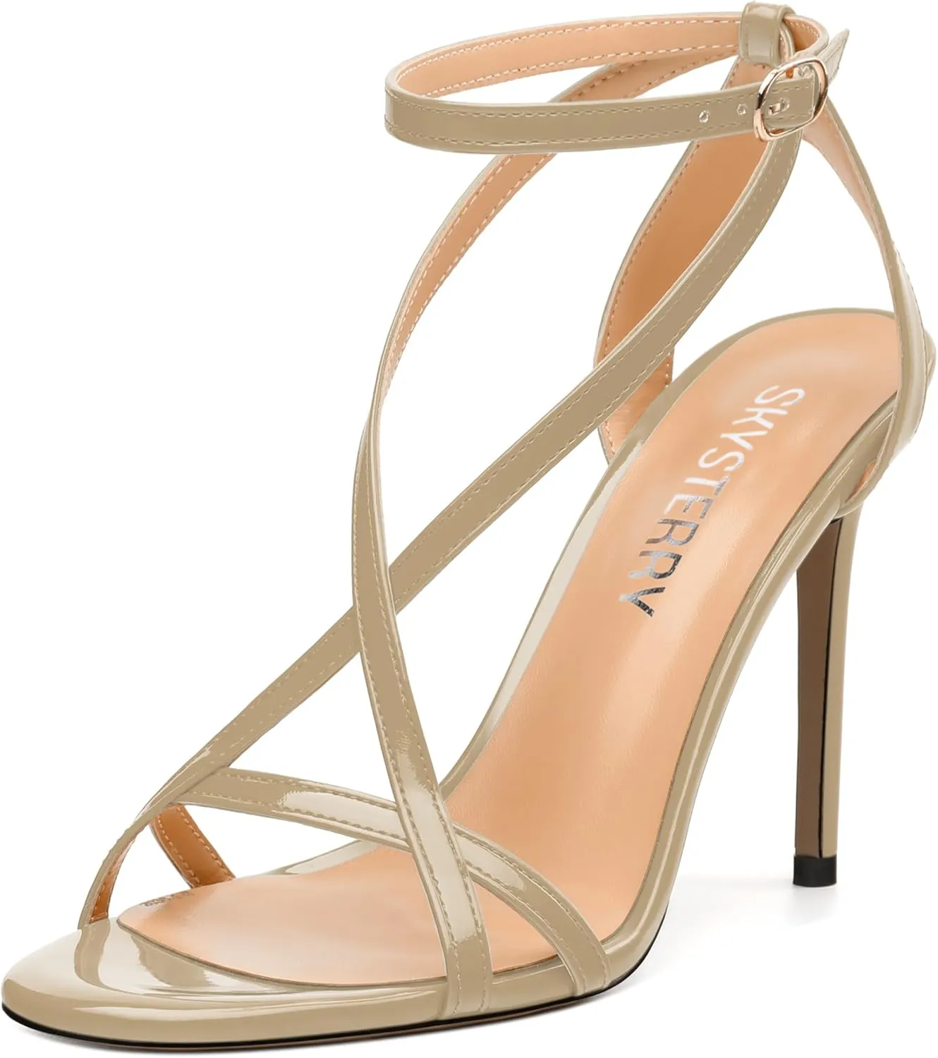 SKYSTERRY Lace Up High Stiletto Heeled Patent Sandals For Women Round Open Toe Strappy Ankle Buckle Heels Womens Dress Wedding Evening Fashion Shoes 4 Inch