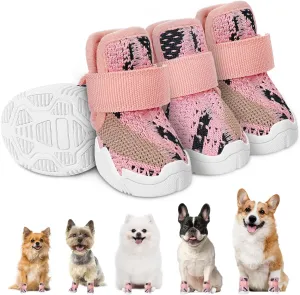 SlowTon Dog Shoes for Small Size Dogs - Soft Rubber Sole Dog Boots & Paw Protector for Summer Hot Pavement Winter Snow, Breathable Booties for Outdoor Walking Indoor Hardwood Floor, Pink, 5