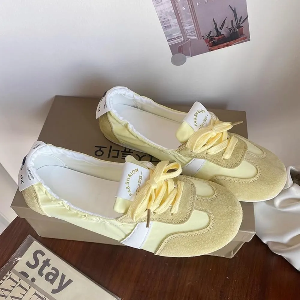 Sneakerina Satin Ballet Sneakers for Women Cute Ballerina Sneakers Flat Kawaii Y2K Retro Lightweight Round Toes Non-Slip Lace-Up Slip on Comfort Dress Shoes Preppy Back To School Gifts for Girls Teens