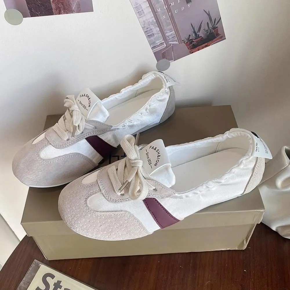 Sneakerina Satin Ballet Sneakers for Women Cute Ballerina Sneakers Flat Kawaii Y2K Retro Lightweight Round Toes Non-Slip Lace-Up Slip on Comfort Dress Shoes Preppy Back To School Gifts for Girls Teens