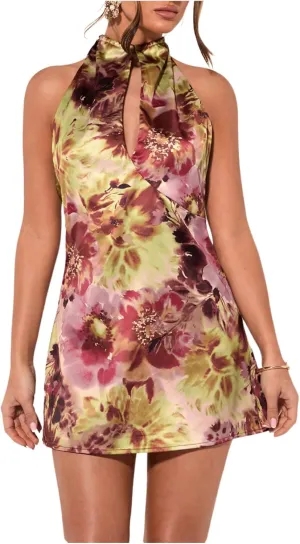 SOLY HUX Women's Floral Print Tie Backless Halter Dress Cut Out Sleeveless Elegant Mini Dresses