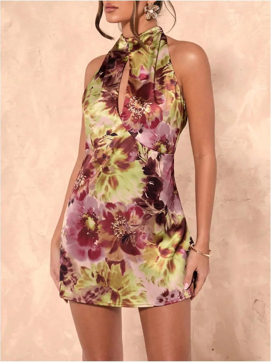 SOLY HUX Women's Floral Print Tie Backless Halter Dress Cut Out Sleeveless Elegant Mini Dresses