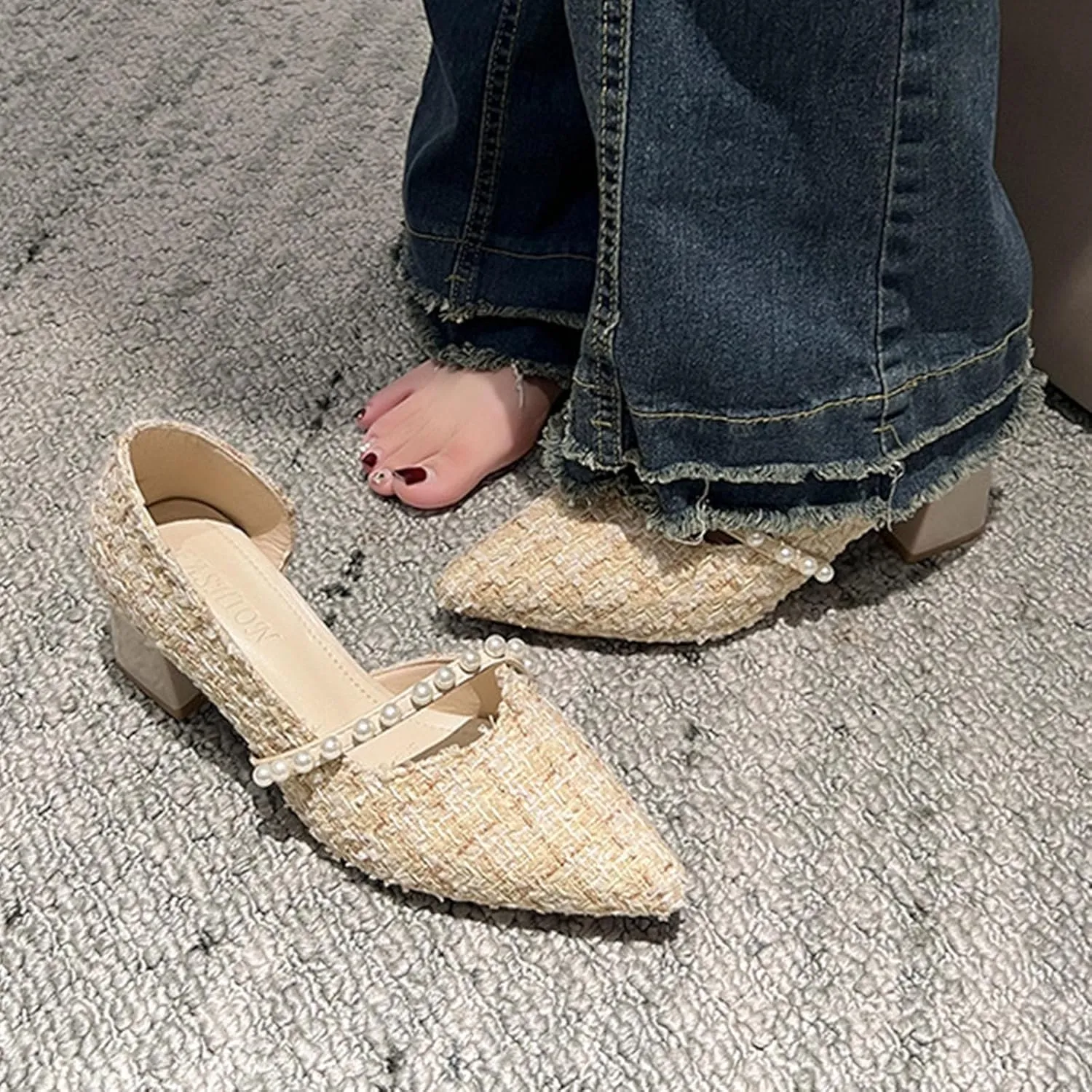 Spring and Autumn Style Low Heel Pearl French Women's Shoes Pointed Toe Shallow Side Hollow Elegant High Heels