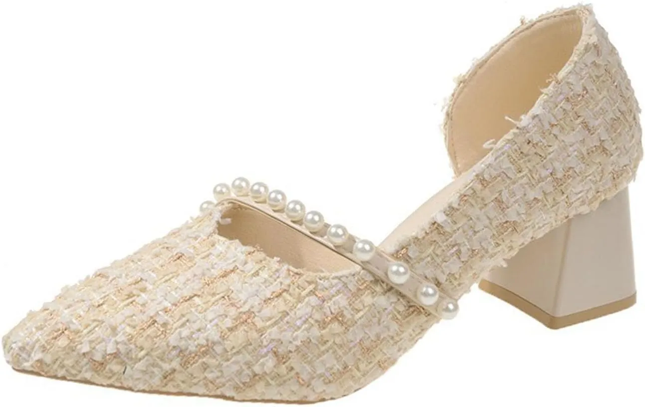 Spring and Autumn Style Low Heel Pearl French Women's Shoes Pointed Toe Shallow Side Hollow Elegant High Heels