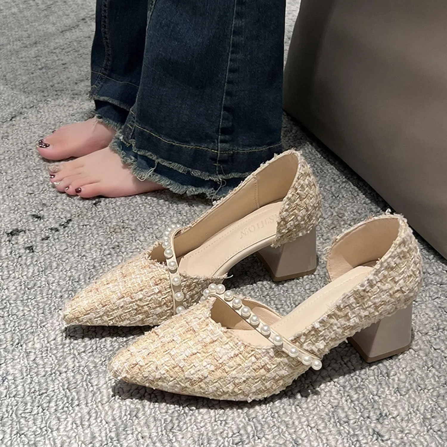 Spring and Autumn Style Low Heel Pearl French Women's Shoes Pointed Toe Shallow Side Hollow Elegant High Heels