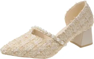 Spring and Autumn Style Low Heel Pearl French Women's Shoes Pointed Toe Shallow Side Hollow Elegant High Heels