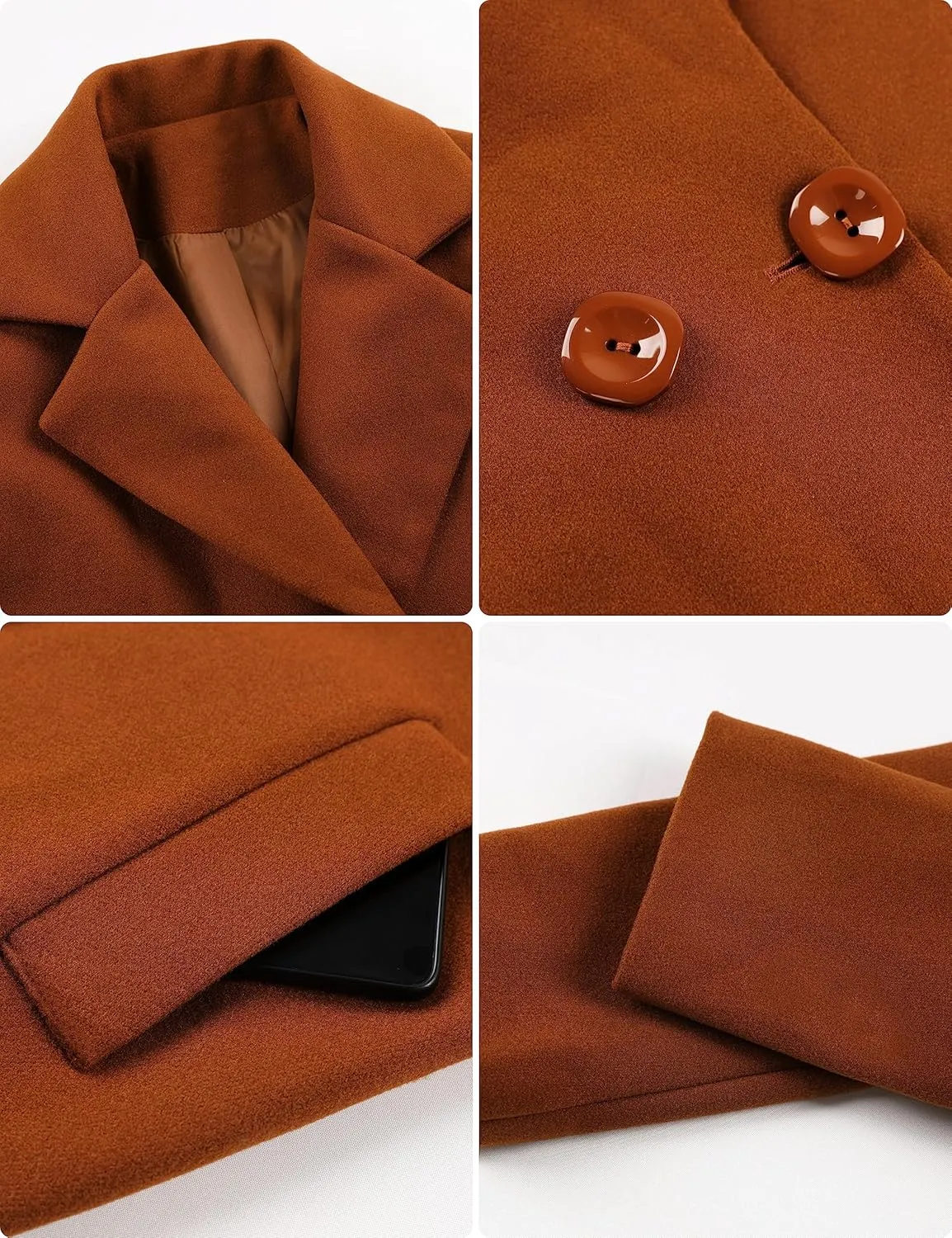 Springrain Women's Wool Pea Coat Notched Collar Double Breasted Midi Long Trench Coat Outwear