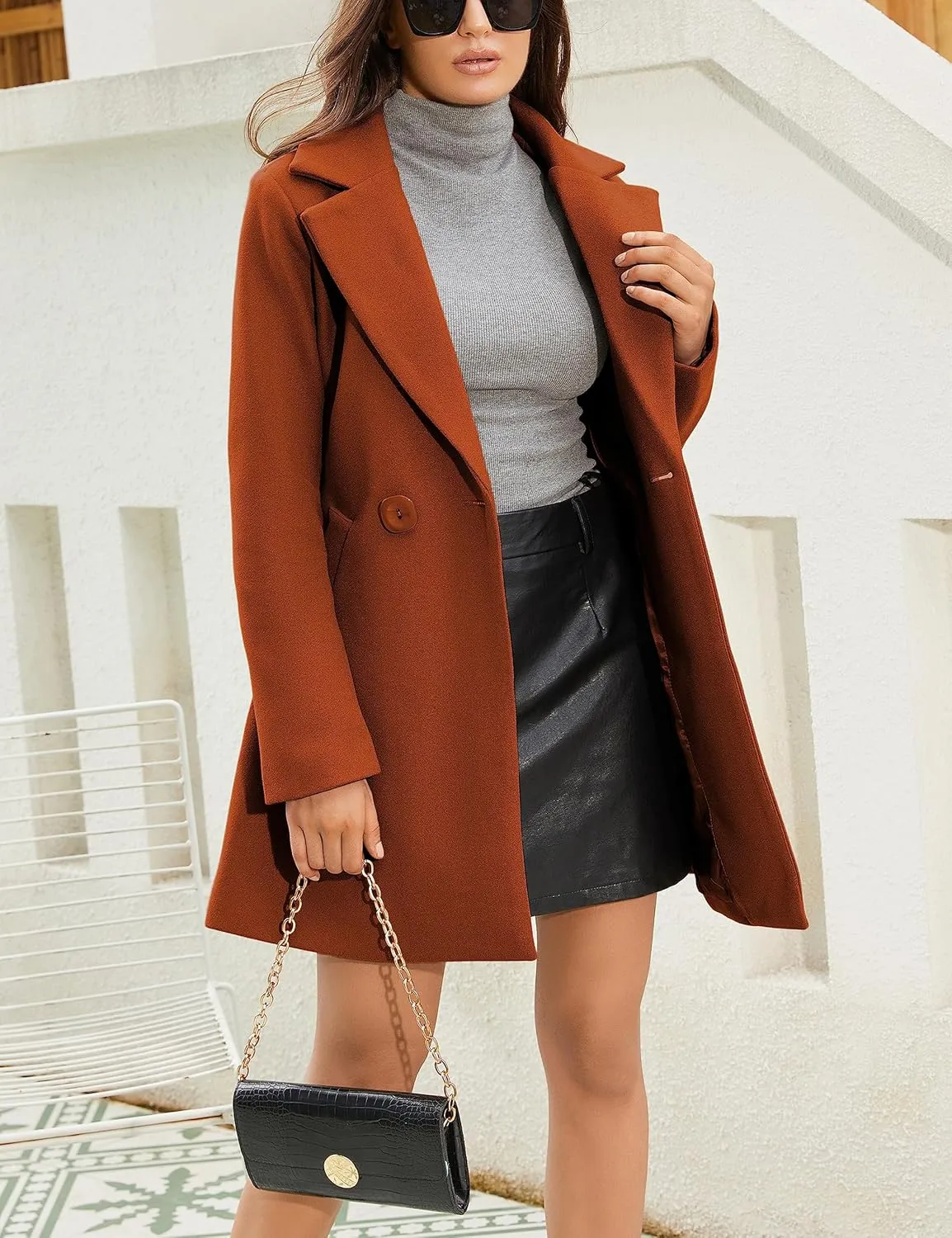 Springrain Women's Wool Pea Coat Notched Collar Double Breasted Midi Long Trench Coat Outwear