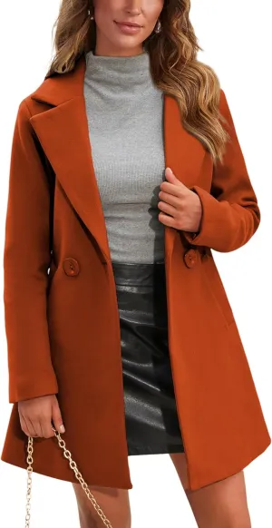 Springrain Women's Wool Pea Coat Notched Collar Double Breasted Midi Long Trench Coat Outwear