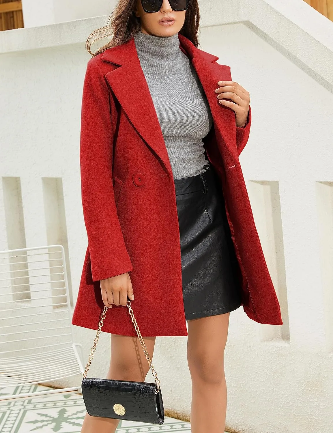 Springrain Women's Wool Pea Coat Notched Collar Double Breasted Midi Long Trench Coat Outwear
