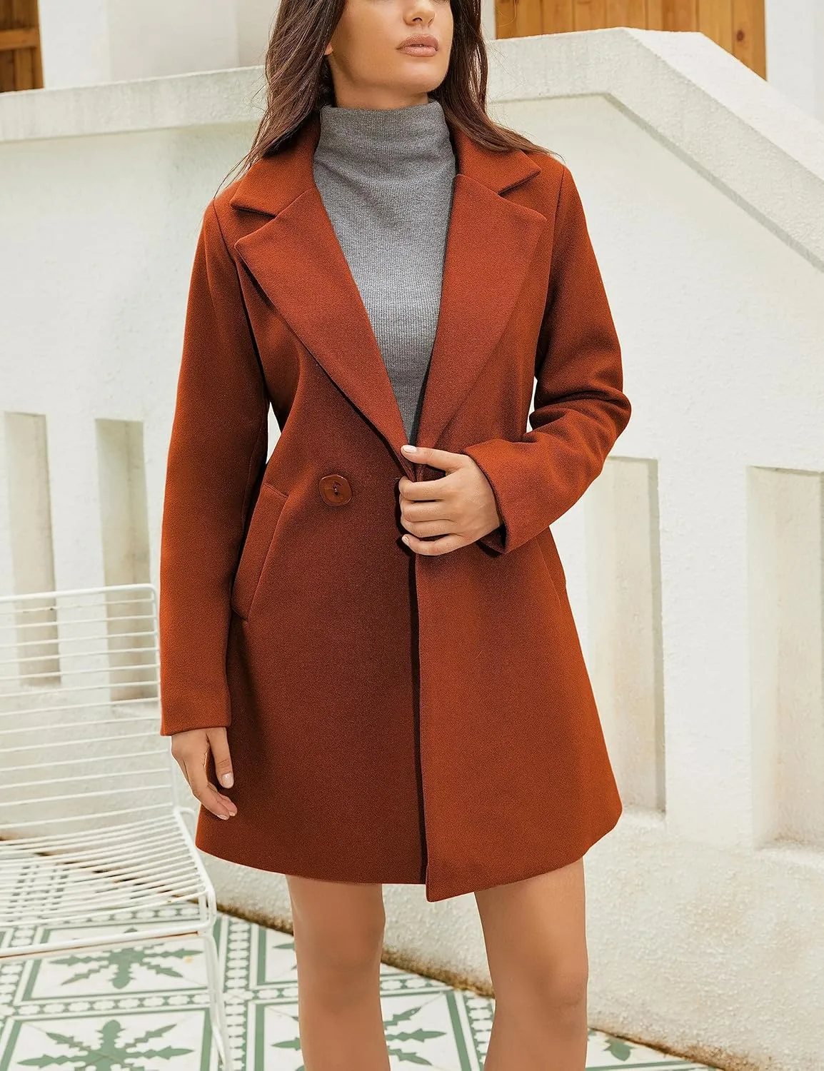 Springrain Women's Wool Pea Coat Notched Collar Double Breasted Midi Long Trench Coat Outwear