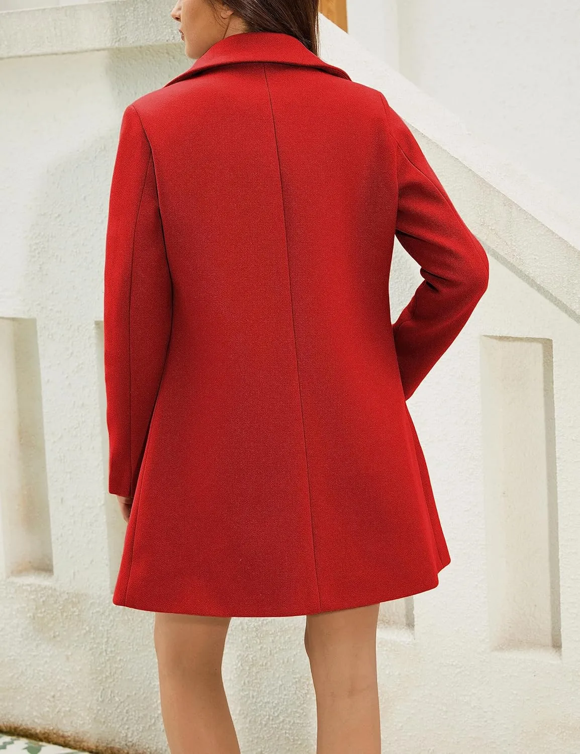 Springrain Women's Wool Pea Coat Notched Collar Double Breasted Midi Long Trench Coat Outwear