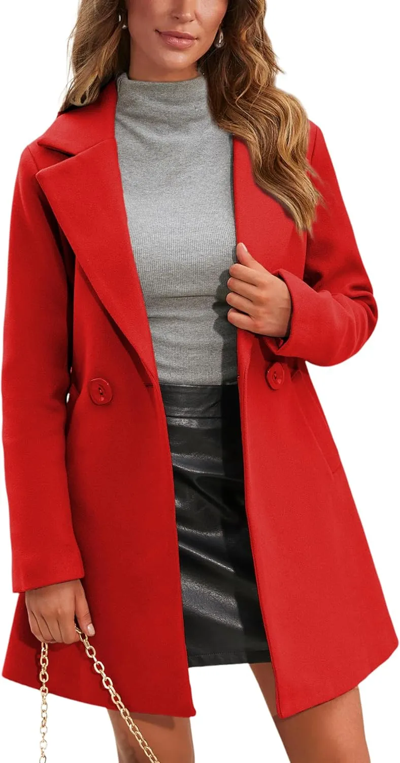 Springrain Women's Wool Pea Coat Notched Collar Double Breasted Midi Long Trench Coat Outwear