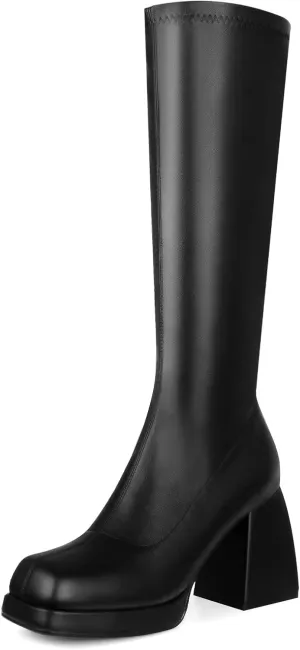 STALOV Platform Gogo Boots for women Knee High Square Toe Tall Boots Block Chunky Heel Stretchy Leather Long Boots