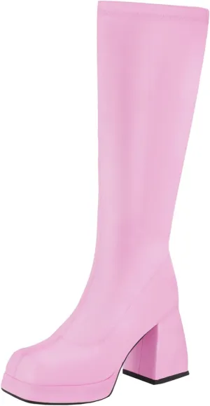 STALOV Platform Gogo Boots for women Knee High Square Toe Tall Boots Block Chunky Heel Stretchy Leather Long Boots