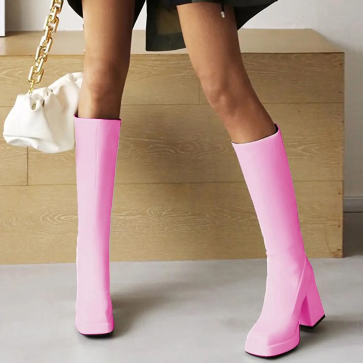 STALOV Platform Gogo Boots for women Knee High Square Toe Tall Boots Block Chunky Heel Stretchy Leather Long Boots