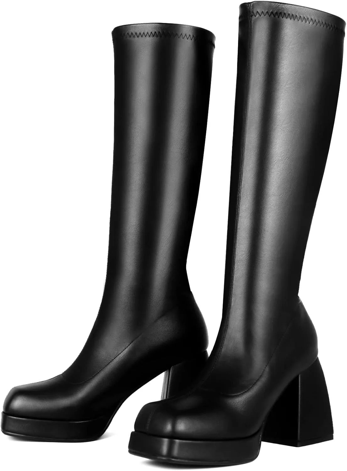 STALOV Platform Gogo Boots for women Knee High Square Toe Tall Boots Block Chunky Heel Stretchy Leather Long Boots