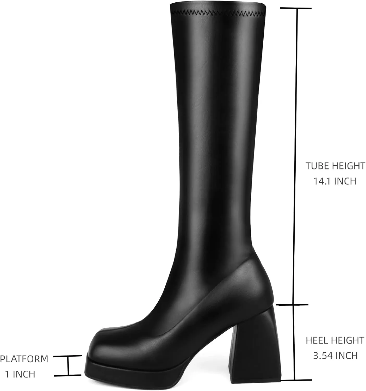 STALOV Platform Gogo Boots for women Knee High Square Toe Tall Boots Block Chunky Heel Stretchy Leather Long Boots