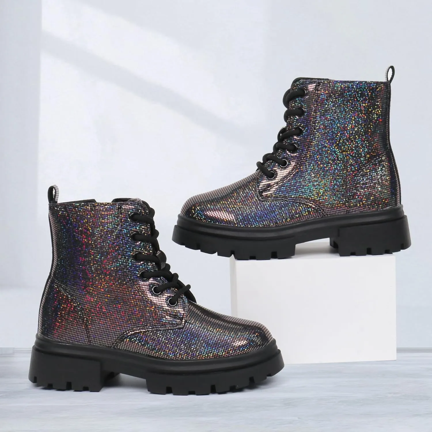 starmerx Girls Ankle Boots Lace Up Combat Boot Side Zipper Comfortable Boys Boots