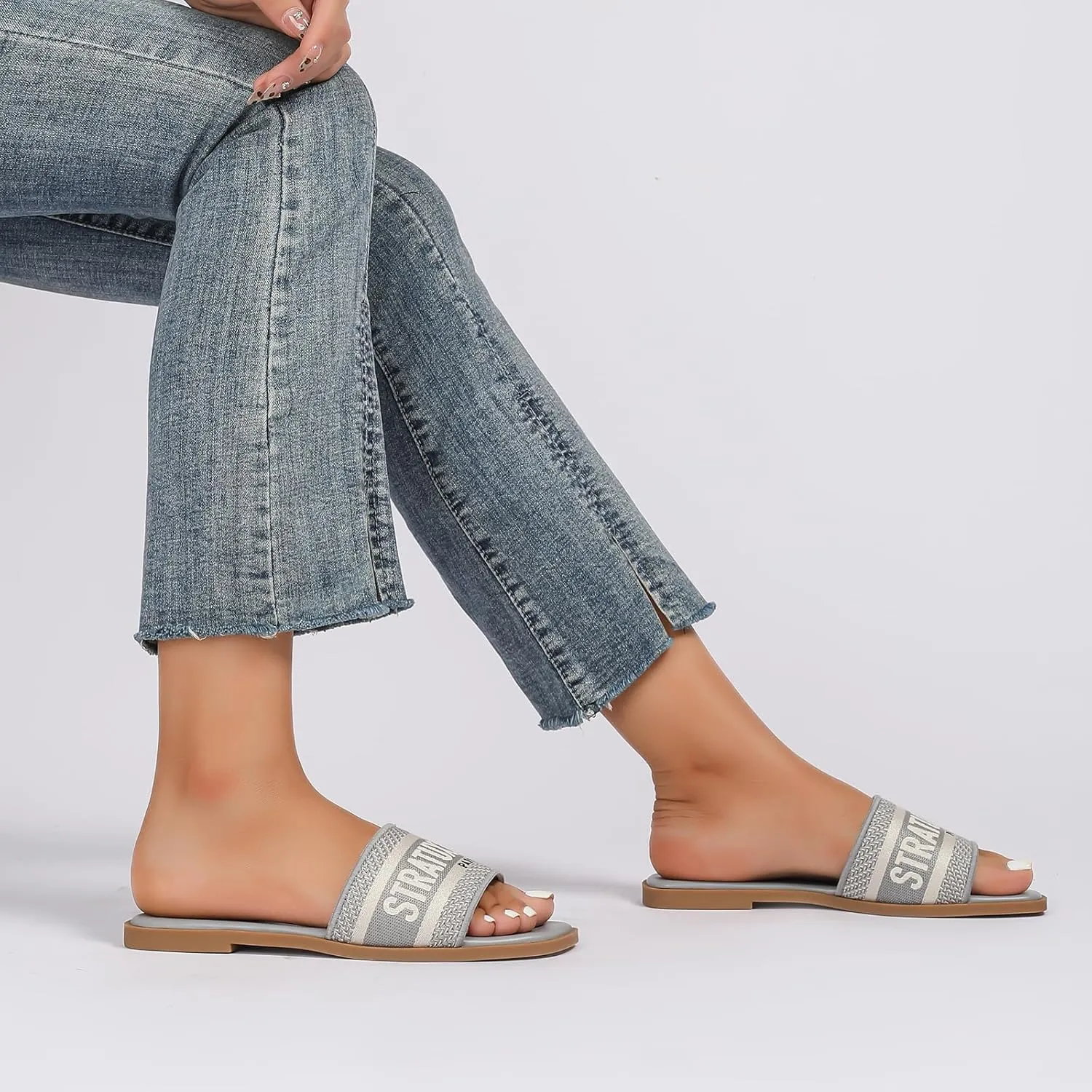 Stratuxx Kaze Women's Dressy Sandals Slip on Flat Summer Shoes Open Toe Slide Sandals for Women Size 5-11