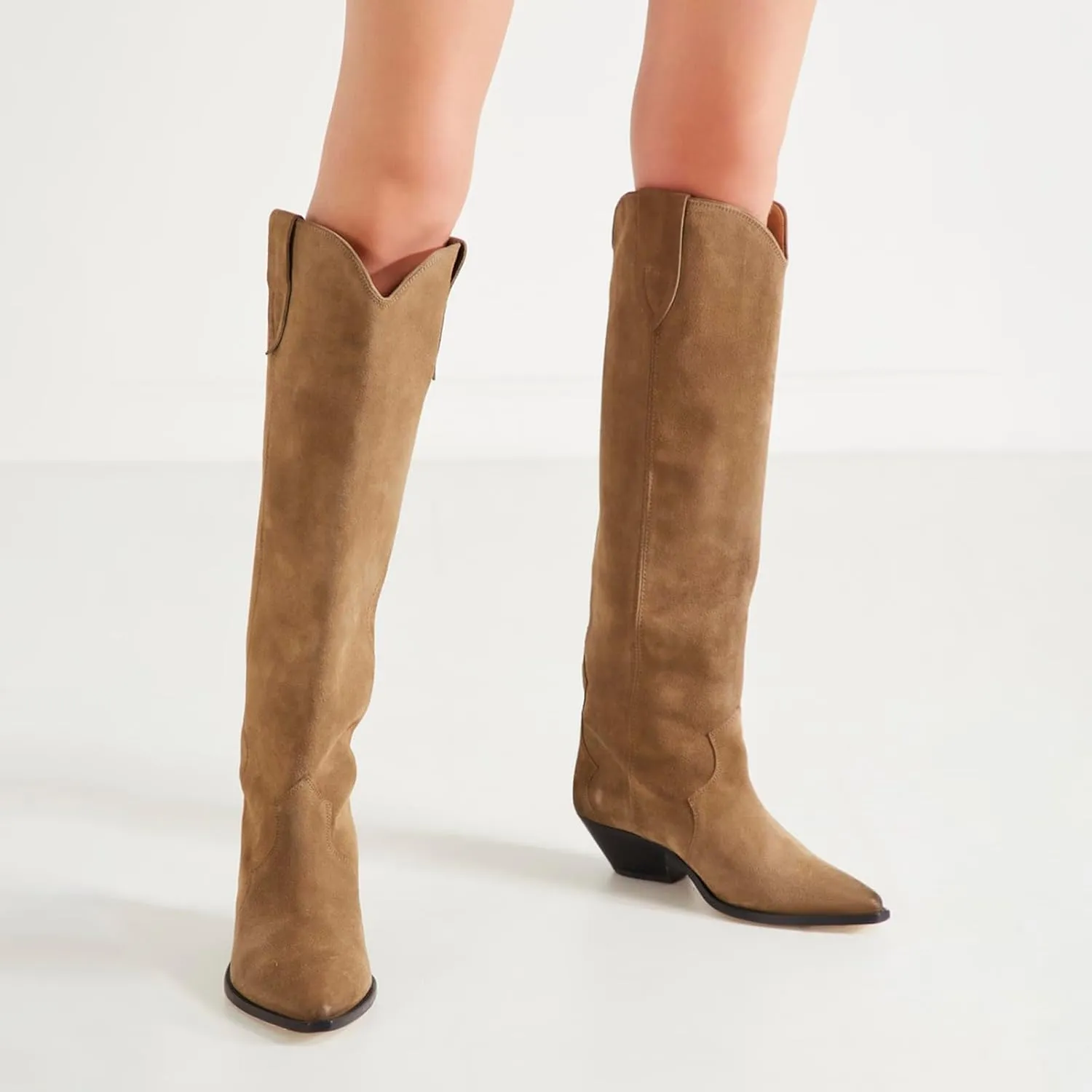 Suede Knee High Boots for Women Pointed Toe Cowboy Boots Chunky Low Heels Tall Long Boots Dressy Pull on Wide Calf Fashion Casual