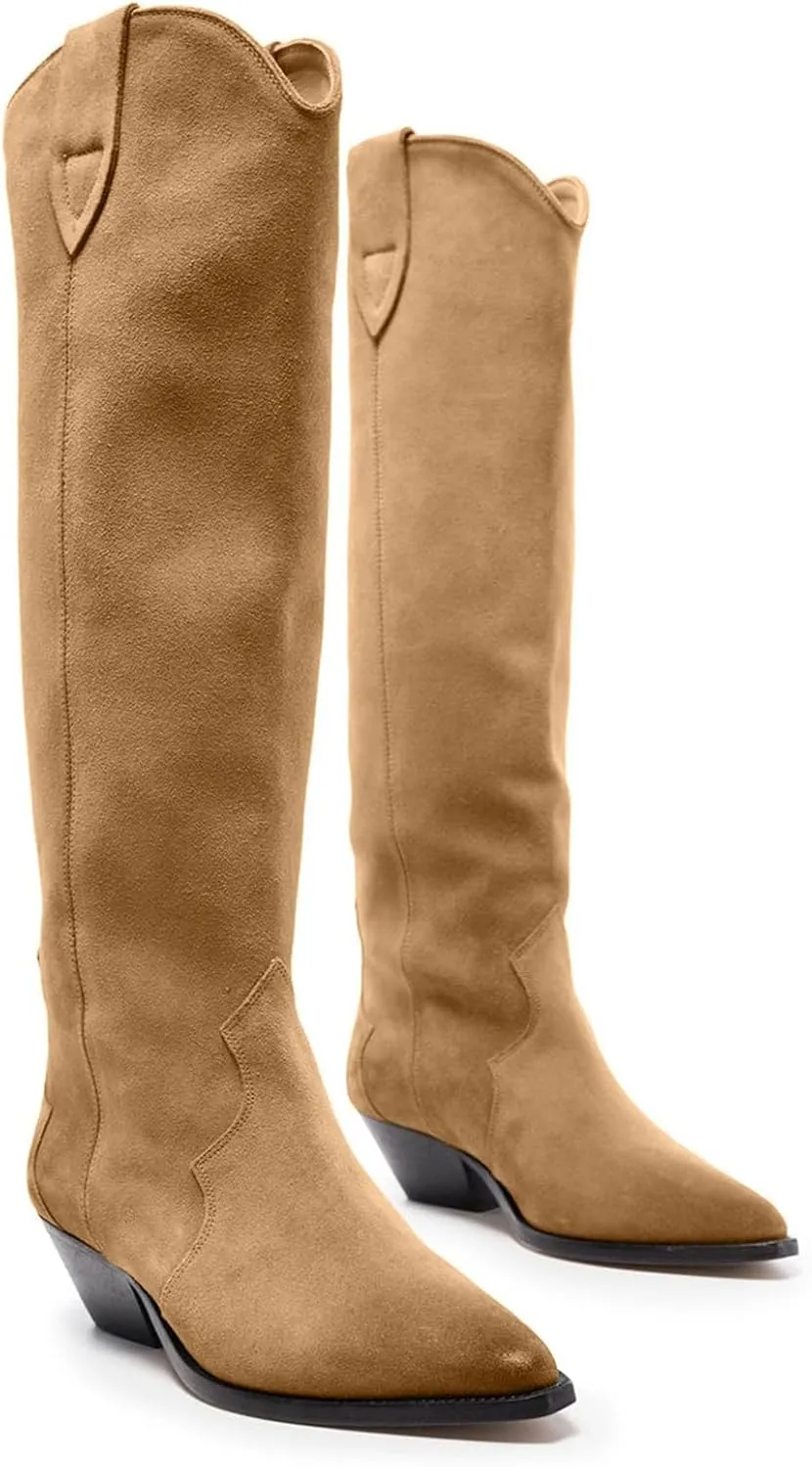 Suede Knee High Boots for Women Pointed Toe Cowboy Boots Chunky Low Heels Tall Long Boots Dressy Pull on Wide Calf Fashion Casual