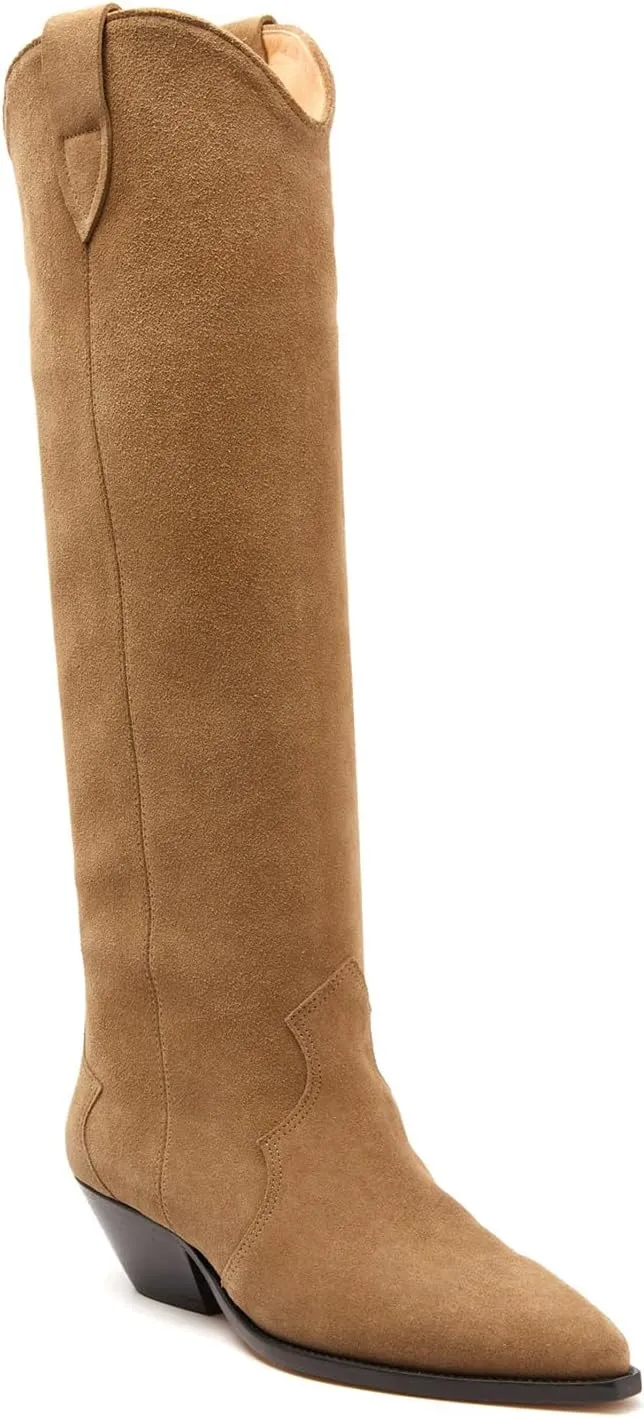 Suede Knee High Boots for Women Pointed Toe Cowboy Boots Chunky Low Heels Tall Long Boots Dressy Pull on Wide Calf Fashion Casual
