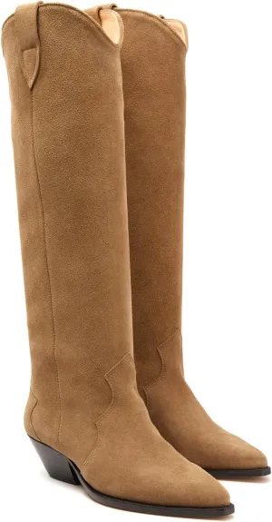 Suede Knee High Boots for Women Pointed Toe Cowboy Boots Chunky Low Heels Tall Long Boots Dressy Pull on Wide Calf Fashion Casual