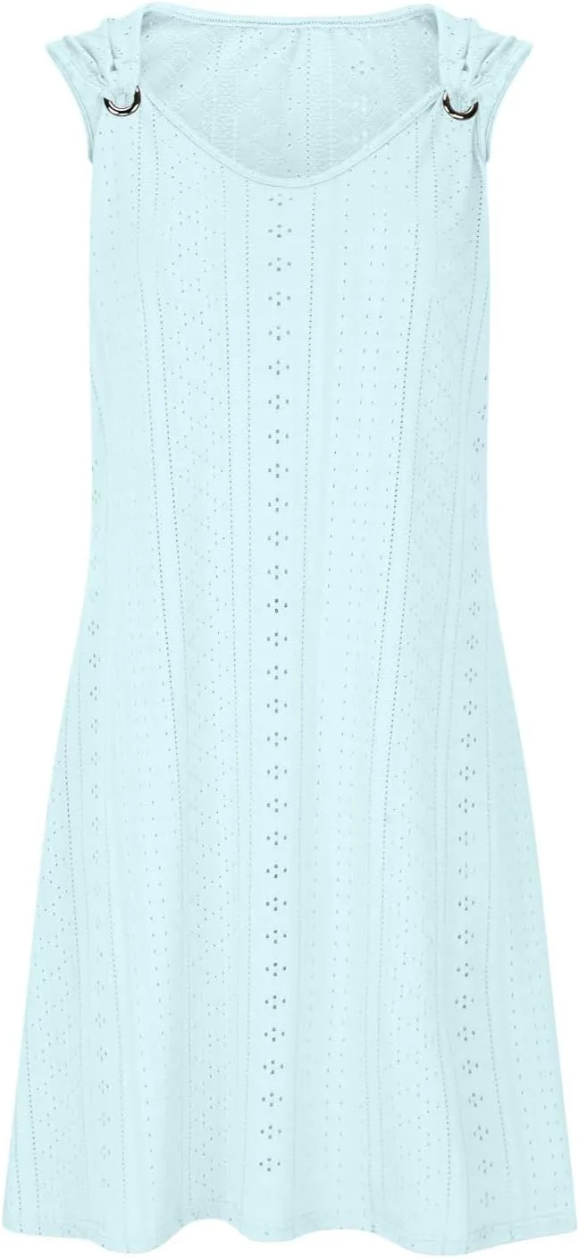 Summer Dresses for Women 2025 Casual Loose Crewneck Halter Eyelet Dress Vacation Cover Up Mini Dress with Pockets