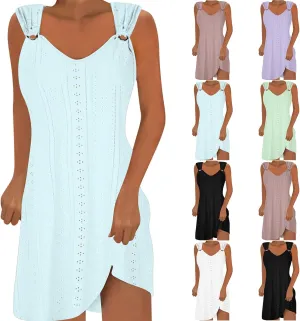 Summer Dresses for Women 2025 Casual Loose Crewneck Halter Eyelet Dress Vacation Cover Up Mini Dress with Pockets