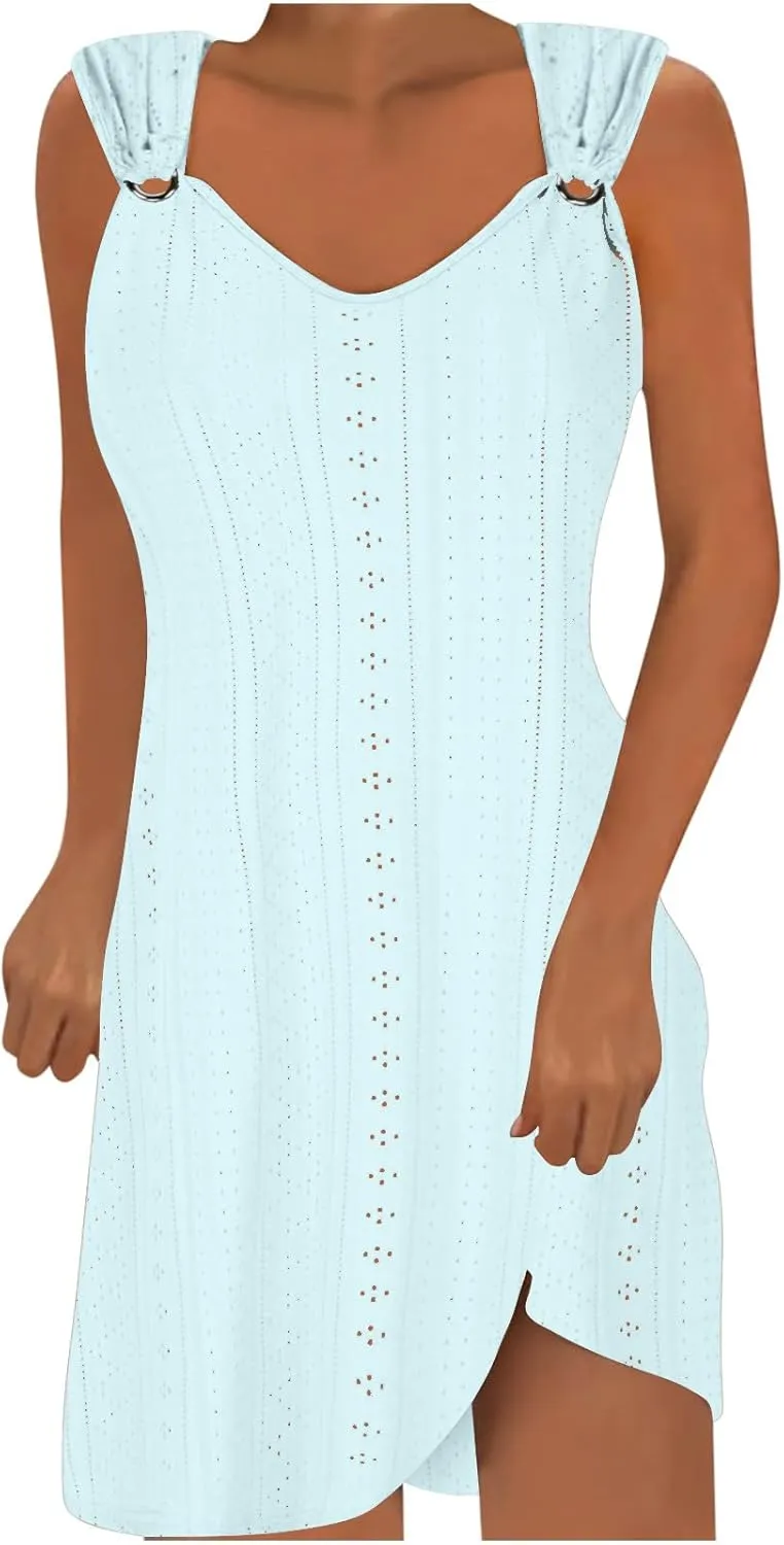 Summer Dresses for Women 2025 Casual Loose Crewneck Halter Eyelet Dress Vacation Cover Up Mini Dress with Pockets