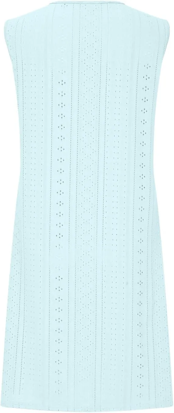 Summer Dresses for Women 2025 Casual Loose Crewneck Halter Eyelet Dress Vacation Cover Up Mini Dress with Pockets