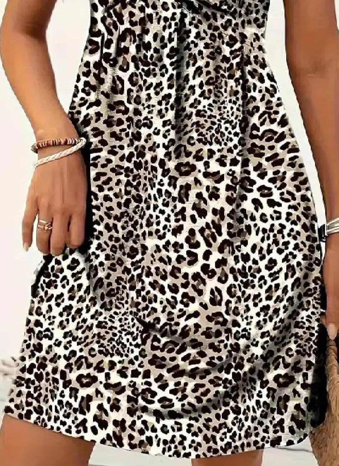 Summer Dresses for Women Deep V Neck Short Sleeve Wild Leopard Print Mini Dress A Line Vacation Dress