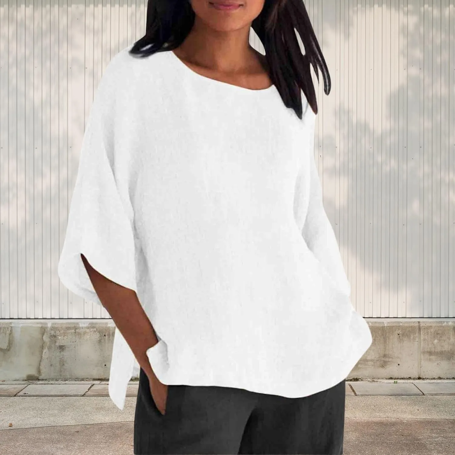 Summer Solid Linen Shirts for Womens Cotton Linen Shirt Casual 3/4 Sleeve Solid Color Crewneck Tunic Tops Beach Blouse