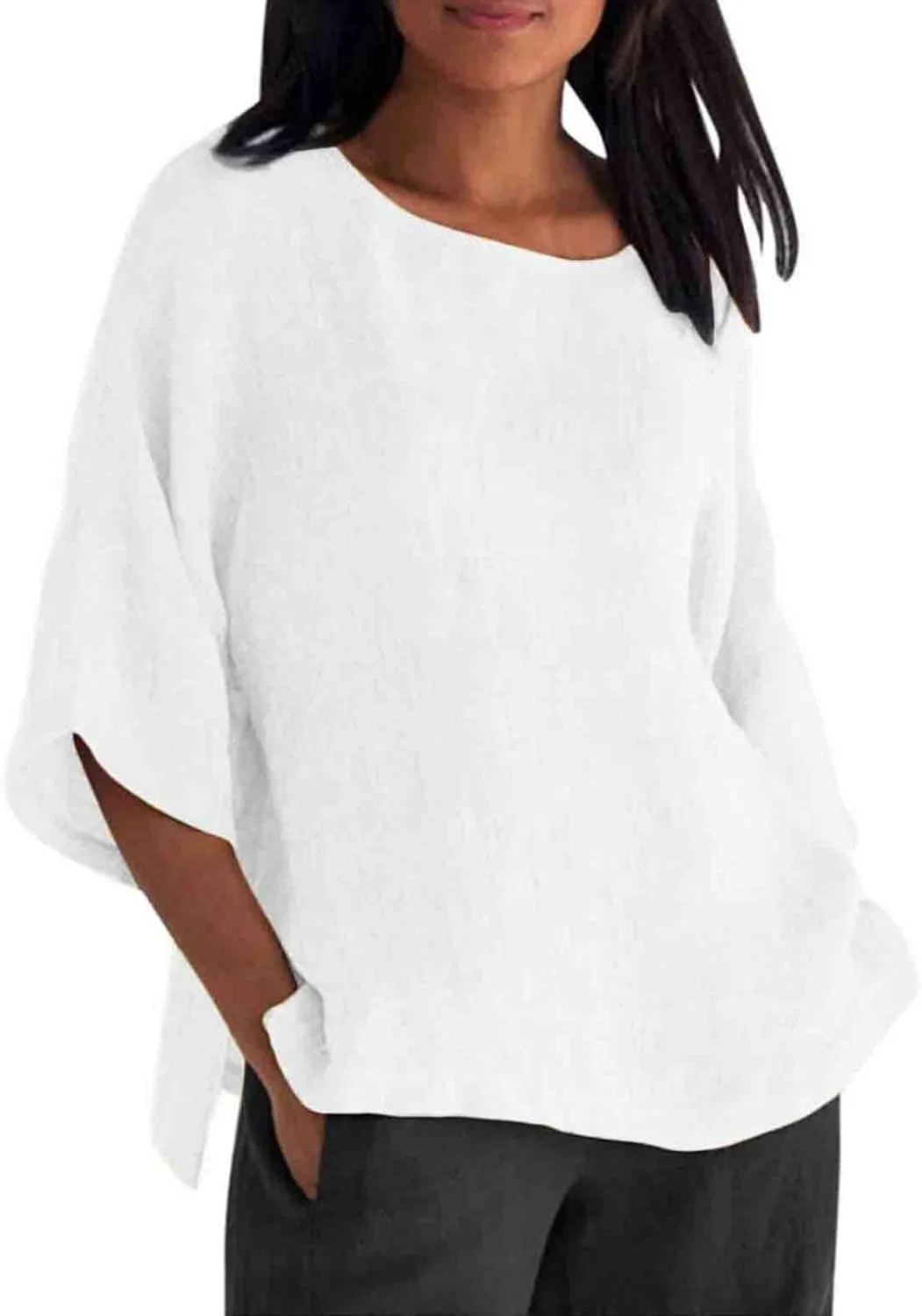 Summer Solid Linen Shirts for Womens Cotton Linen Shirt Casual 3/4 Sleeve Solid Color Crewneck Tunic Tops Beach Blouse