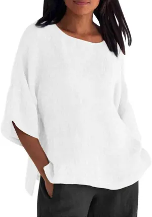 Summer Solid Linen Shirts for Womens Cotton Linen Shirt Casual 3/4 Sleeve Solid Color Crewneck Tunic Tops Beach Blouse