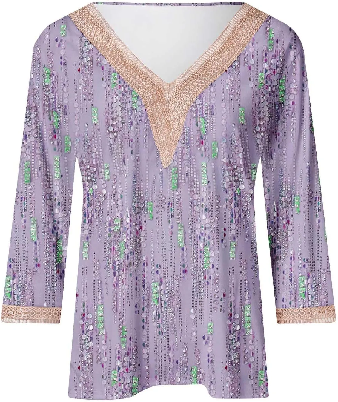 Summer Tops for Women 2024 Trendy Boho Floral Print Lace v Neck 3/4 Sleeve Shirts Dressy Casual Plus Size Blouses