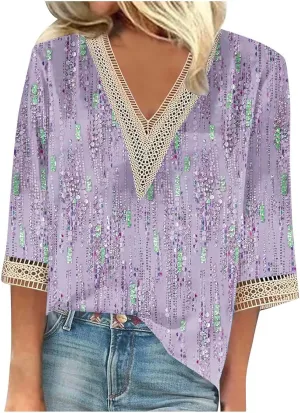 Summer Tops for Women 2024 Trendy Boho Floral Print Lace v Neck 3/4 Sleeve Shirts Dressy Casual Plus Size Blouses