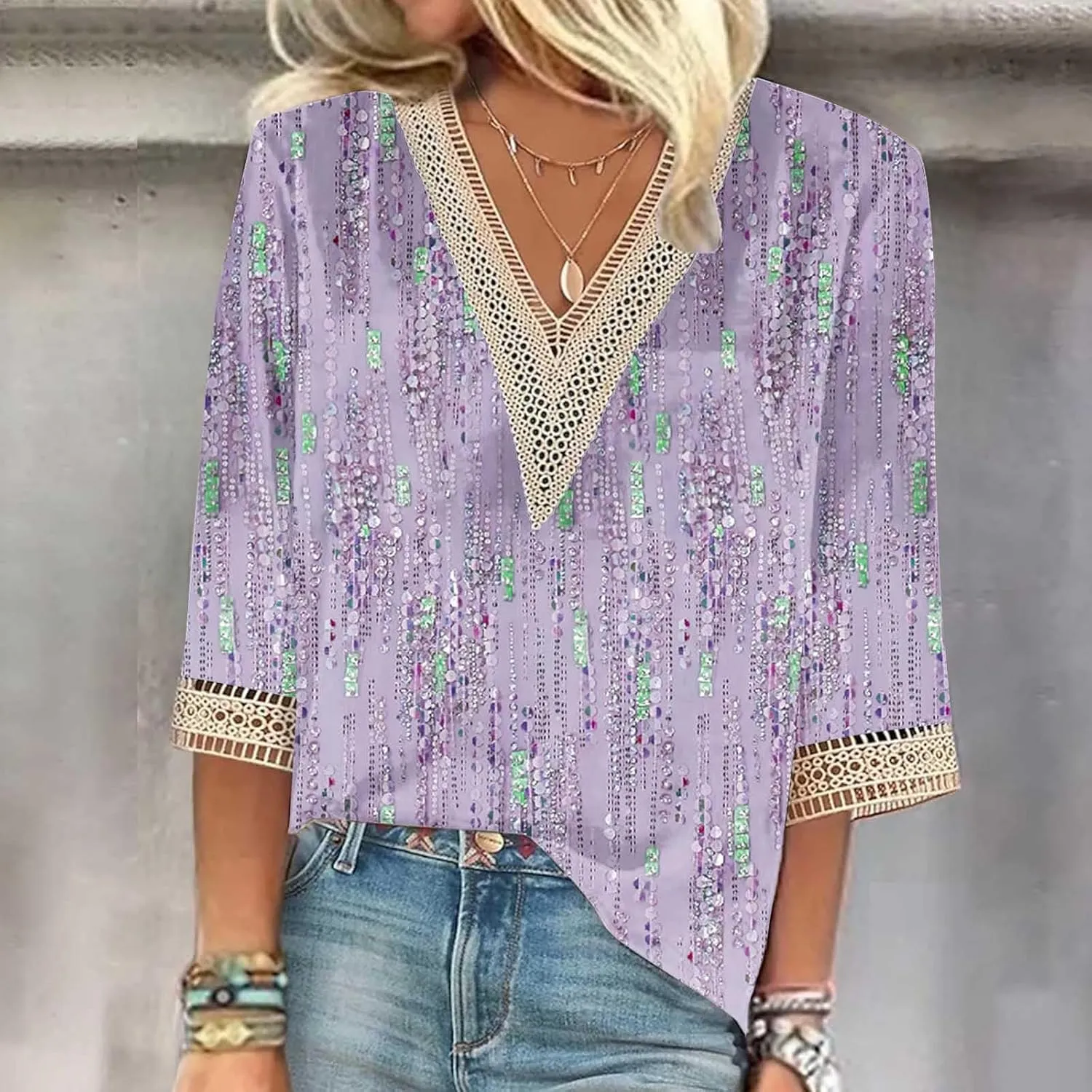 Summer Tops for Women 2024 Trendy Boho Floral Print Lace v Neck 3/4 Sleeve Shirts Dressy Casual Plus Size Blouses