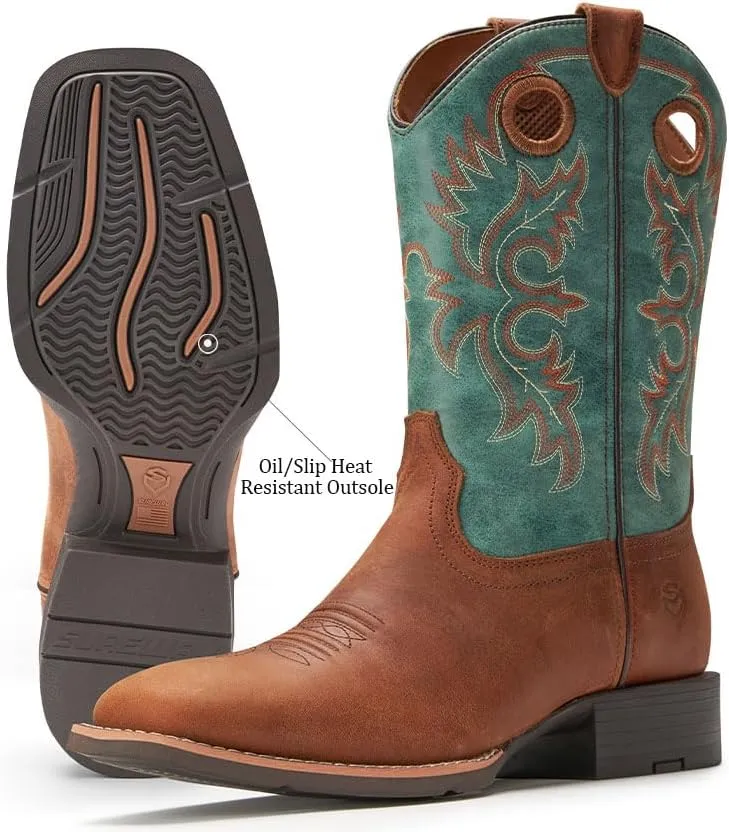 SUREWAY Western Boots For Men - Mens Square Toe Cowboy Boot,Oil/Slip Resistant,Durable Fashionable Classic Pull on 10 Inch Boots Mid Calf Wellington Boots