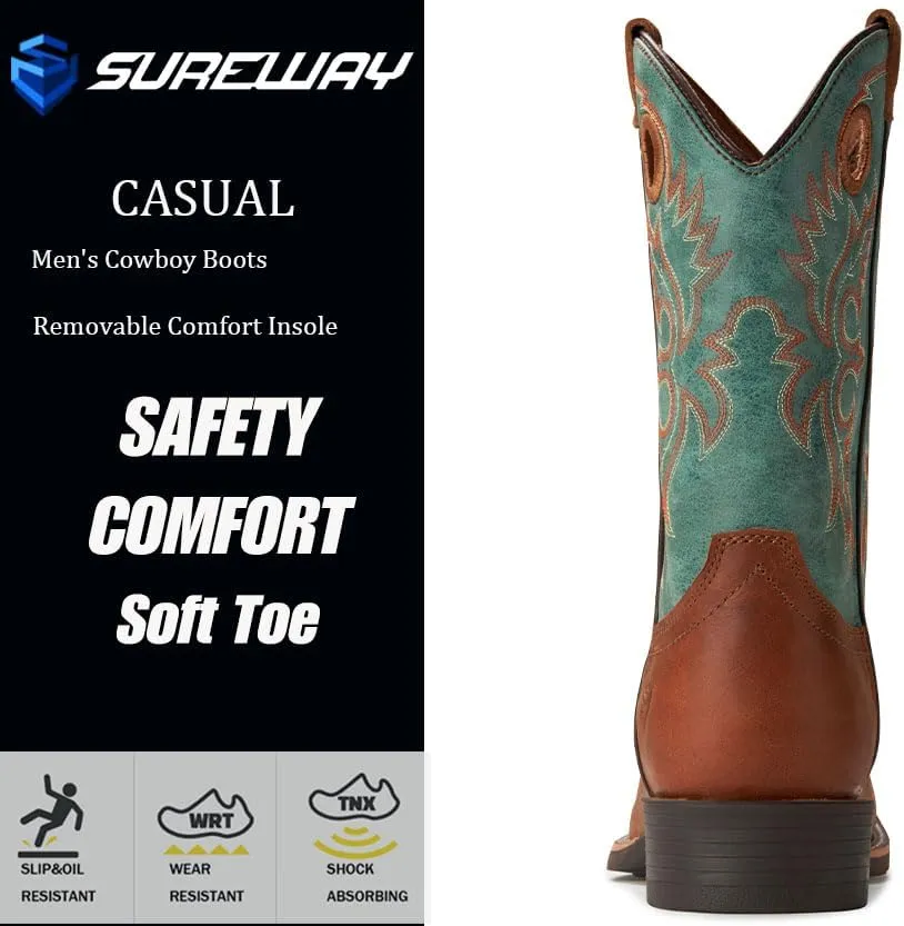 SUREWAY Western Boots For Men - Mens Square Toe Cowboy Boot,Oil/Slip Resistant,Durable Fashionable Classic Pull on 10 Inch Boots Mid Calf Wellington Boots