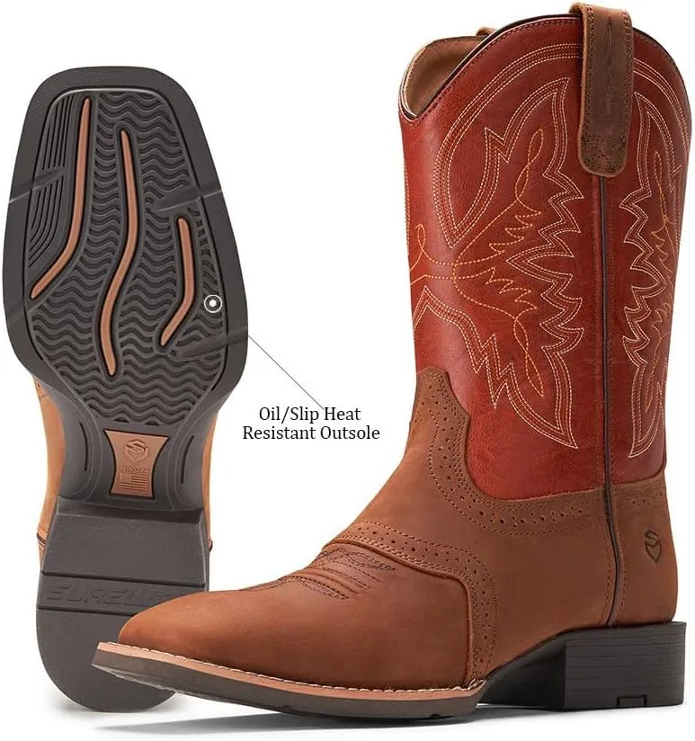 SUREWAY Western Boots For Men - Mens Square Toe Cowboy Boot,Oil/Slip Resistant,Durable Fashionable Classic Pull on 10 Inch Wellington Boots - Soft Toe Work Boots