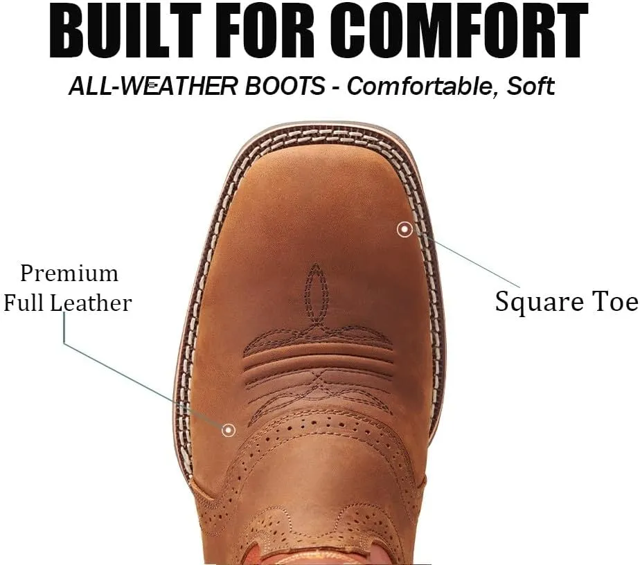 SUREWAY Western Boots For Men - Mens Square Toe Cowboy Boot,Oil/Slip Resistant,Durable Fashionable Classic Pull on 10 Inch Wellington Boots - Soft Toe Work Boots