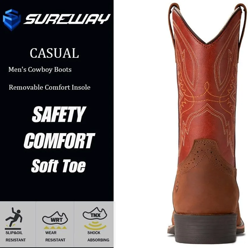 SUREWAY Western Boots For Men - Mens Square Toe Cowboy Boot,Oil/Slip Resistant,Durable Fashionable Classic Pull on 10 Inch Wellington Boots - Soft Toe Work Boots