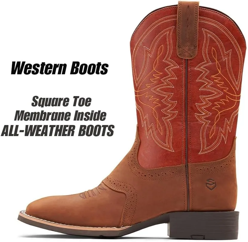 SUREWAY Western Boots For Men - Mens Square Toe Cowboy Boot,Oil/Slip Resistant,Durable Fashionable Classic Pull on 10 Inch Wellington Boots - Soft Toe Work Boots