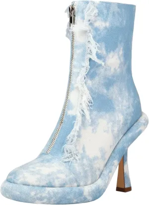TAEPUSR Women's Stiletto Knee High Denim Pull On Cowgirl Mid Calf Boots Pointed Toe Western Cowboy Boots with Pockets and Zipper Decorate