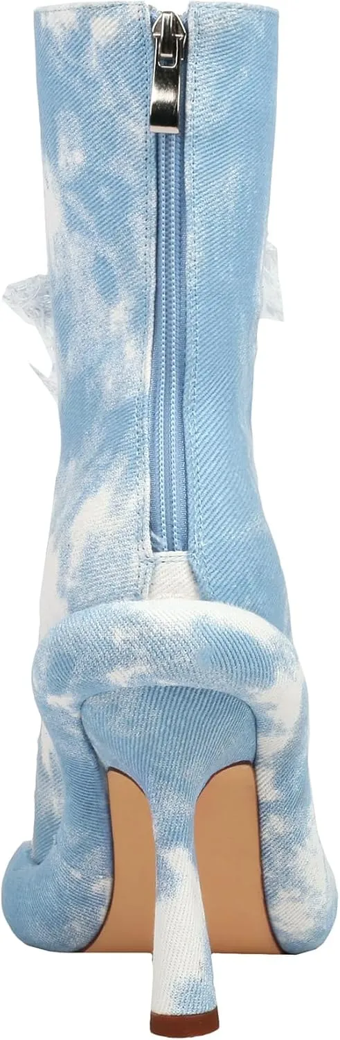 TAEPUSR Women's Stiletto Knee High Denim Pull On Cowgirl Mid Calf Boots Pointed Toe Western Cowboy Boots with Pockets and Zipper Decorate