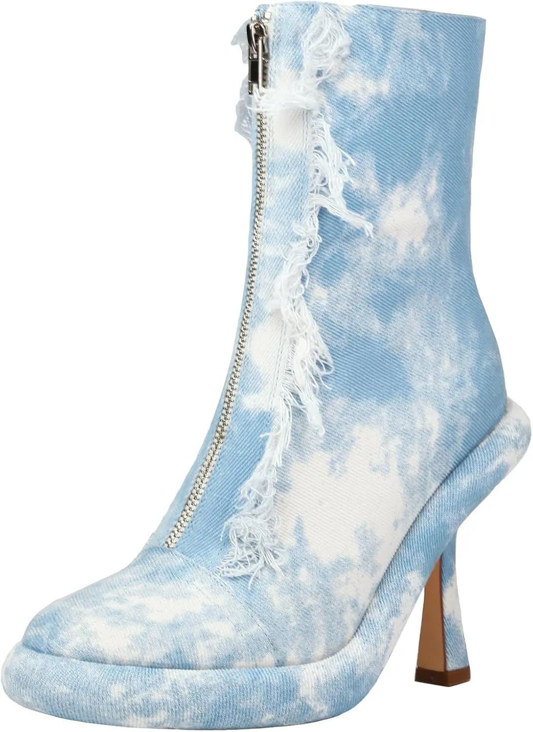 TAEPUSR Women's Stiletto Knee High Denim Pull On Cowgirl Mid Calf Boots Pointed Toe Western Cowboy Boots with Pockets and Zipper Decorate
