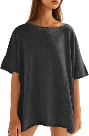 Tankaneo Women's Oversized T Shirts Casual Summer Crew Neck Loose Dropped Short Sleeve Side Slit Hem Blouse Tunic Tops